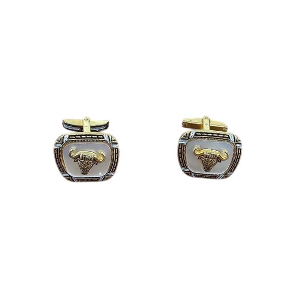 Vintage Toledo Damascene Style Bull Head Cufflinks Gold Tone Black White Enamel